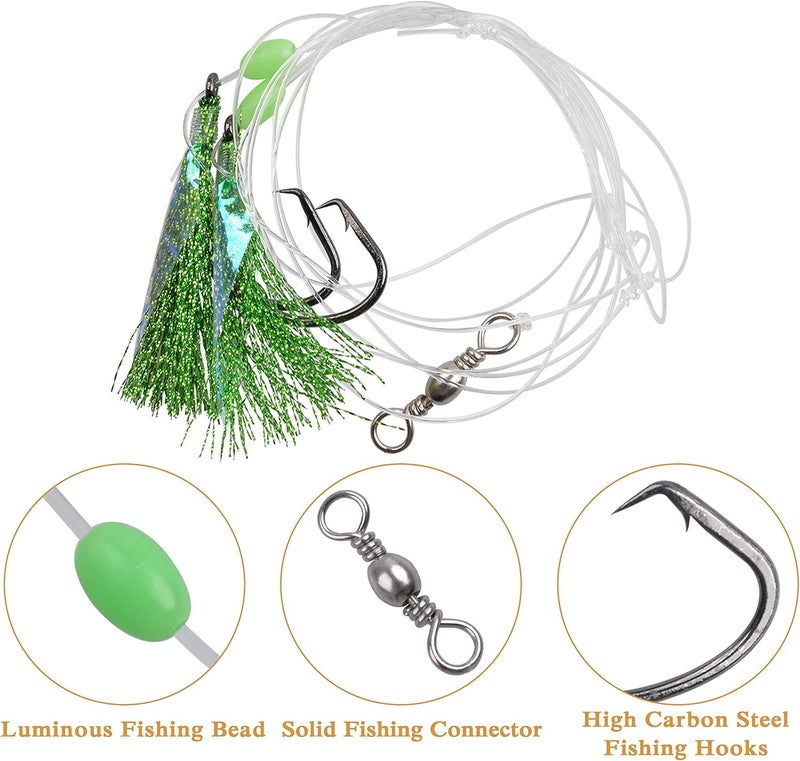 Shaddock Fishing 15Packs Fishing Bait Rigs Set Saltwater Fishing Rigs with Sharp Hooks, Fish Skin, Barrel Swivel and Glow Beads Bottom Fishing Rigs for Freshwater Flounder Sea Bass Halibut - Image 2